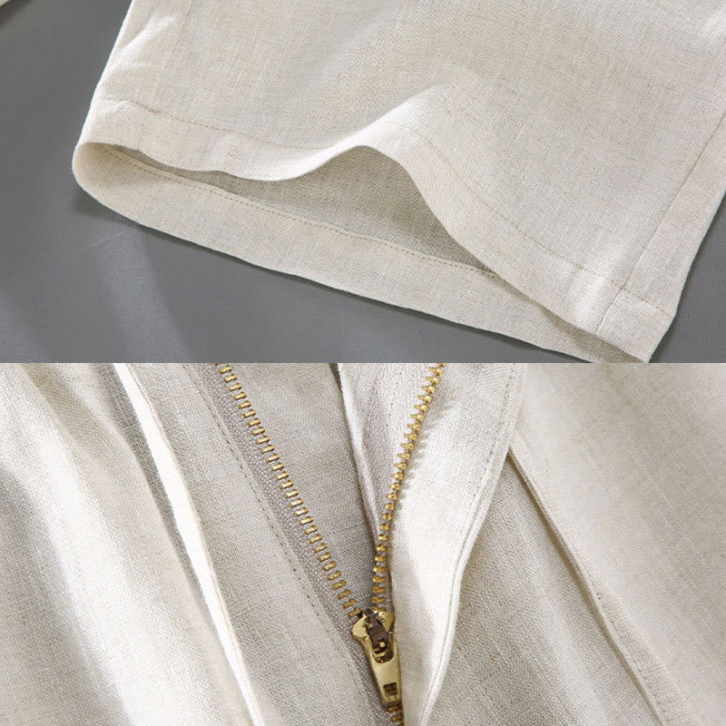 Buddha Stones Summer Solid Color Drawstring Button Design Men's Linen Shorts With Pockets - image 9