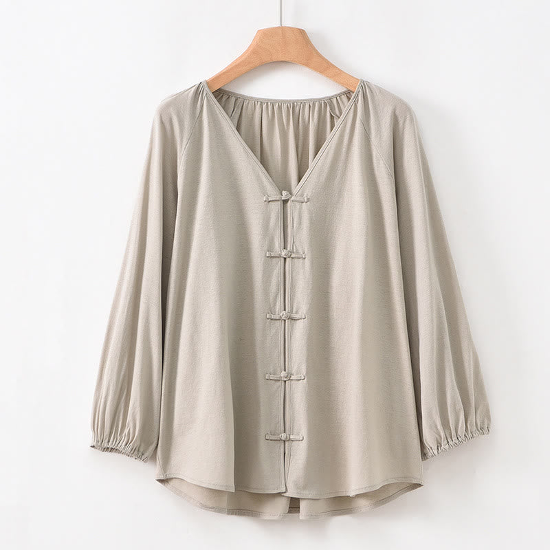 Buddha Stones Summer Pure Color Chinese Frog-Button V-Neck Cotton Linen Women's Long Sleeve Shirt - Tan - US12，UK/AU16，EU44 (2XL) - image 23