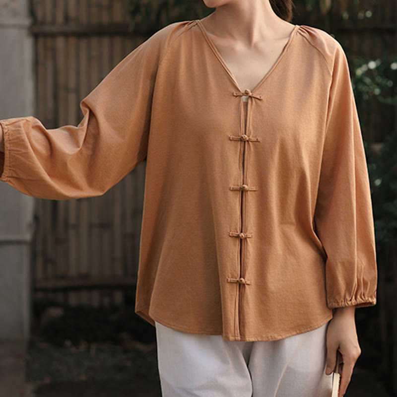 Buddha Stones Summer Pure Color Chinese Frog-Button V-Neck Cotton Linen Women's Long Sleeve Shirt - Chocolate - US12，UK/AU16，EU44 (2XL) - image 1