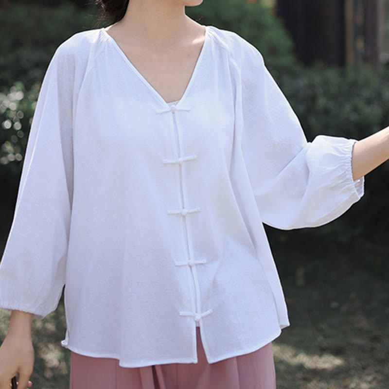 Buddha Stones Summer Pure Color Chinese Frog-Button V-Neck Cotton Linen Women's Long Sleeve Shirt - White - US12，UK/AU16，EU44 (2XL) - image 10