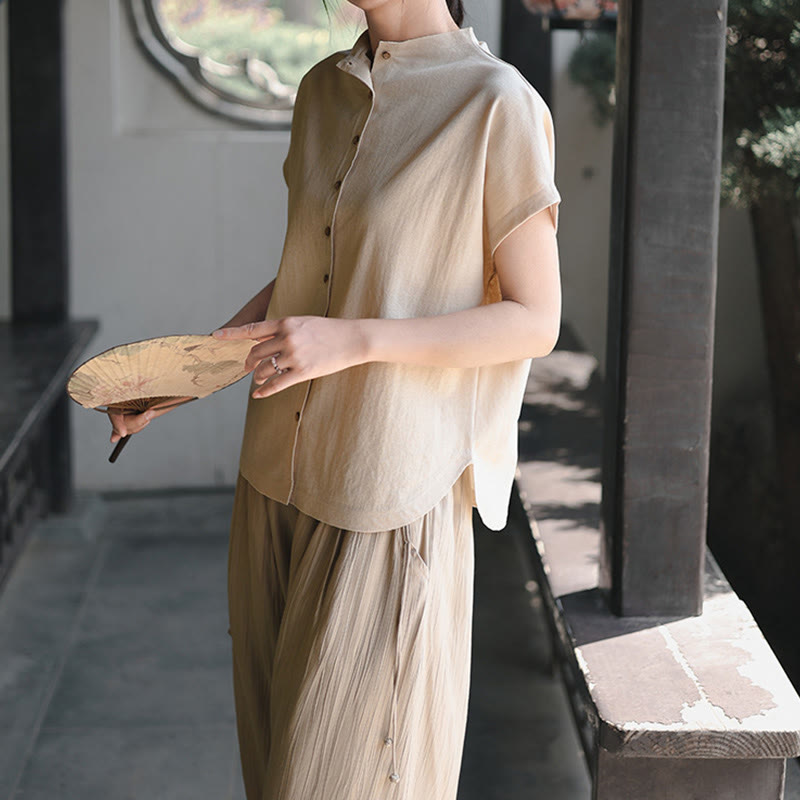 Buddha Stones Vintage Buttons Design Stand Collar Cotton Short Sleeve Women's Shirt - image 13