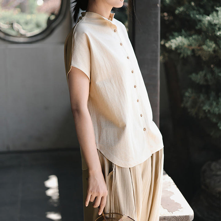 Buddha Stones Vintage Buttons Design Stand Collar Cotton Short Sleeve Women's Shirt - image 12