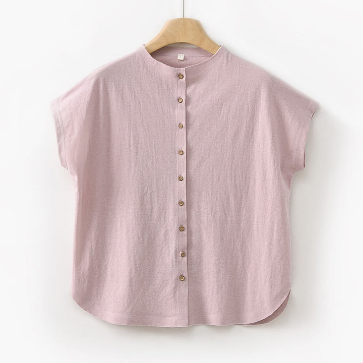 Buddha Stones Vintage Buttons Design Stand Collar Cotton Short Sleeve Women's Shirt - Pink - US8-10，UK/AU12-14，EU40-42 (2XL) - image 21