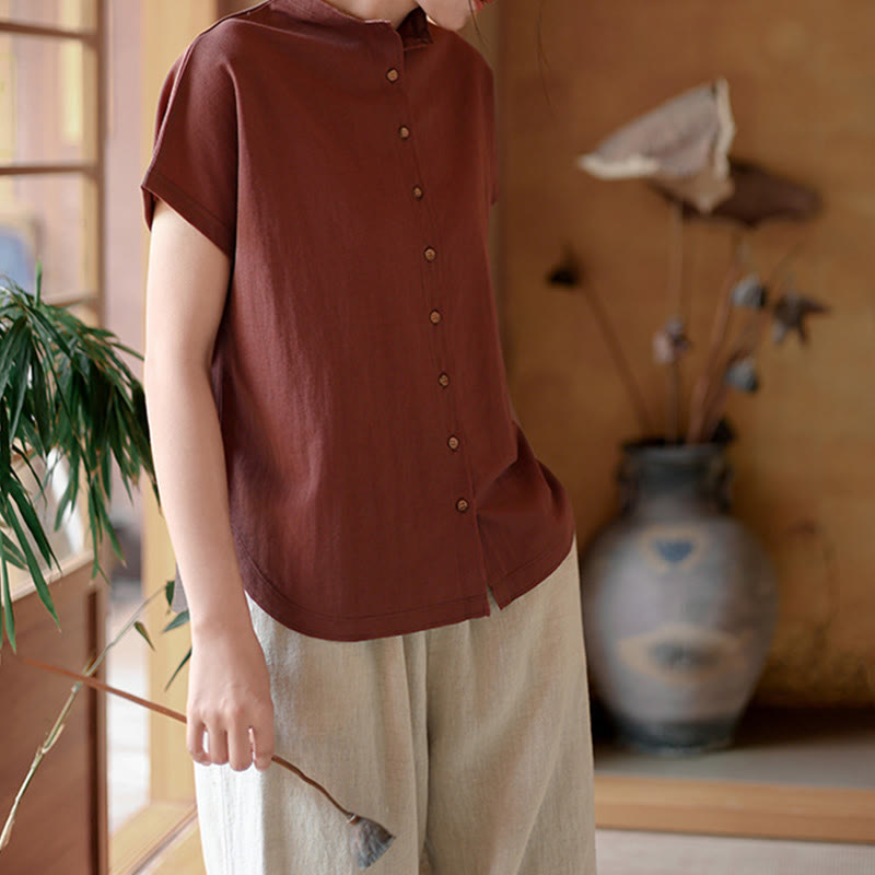 Buddha Stones Vintage Buttons Design Stand Collar Cotton Short Sleeve Women's Shirt - image 6
