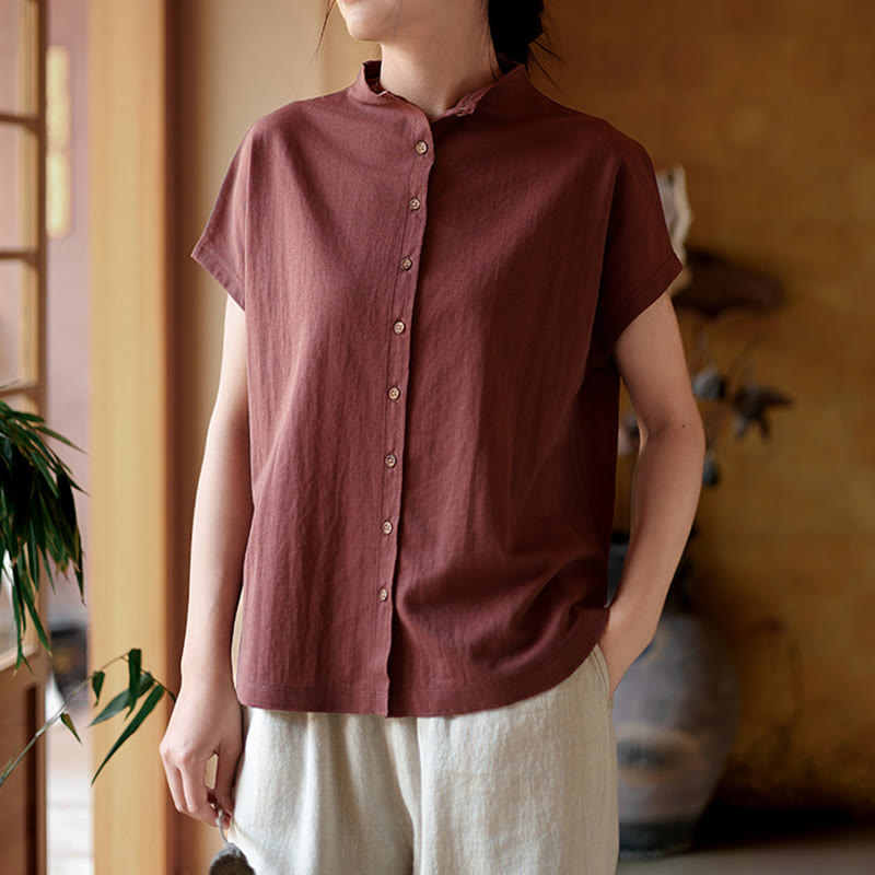 Buddha Stones Vintage Buttons Design Stand Collar Cotton Short Sleeve Women's Shirt - image 1