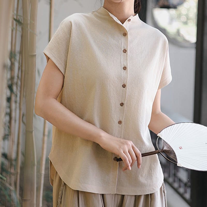 Buddha Stones Vintage Buttons Design Stand Collar Cotton Short Sleeve Women's Shirt - Linen - US8-10，UK/AU12-14，EU40-42 (2XL) - image 8