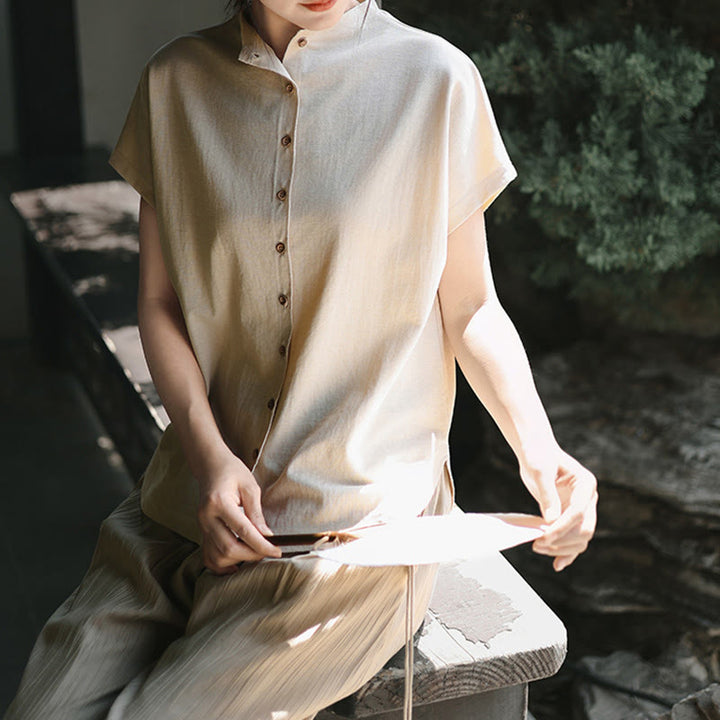 Buddha Stones Vintage Buttons Design Stand Collar Cotton Short Sleeve Women's Shirt - image 10