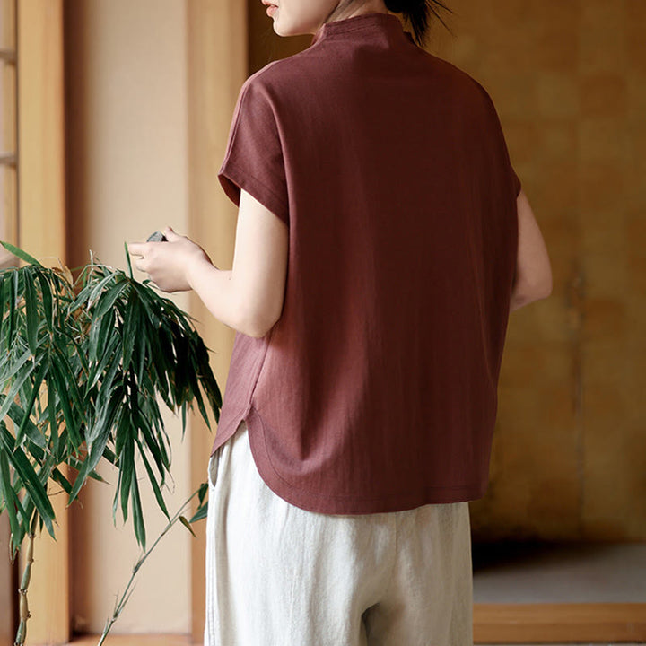 Buddha Stones Vintage Buttons Design Stand Collar Cotton Short Sleeve Women's Shirt - image 5