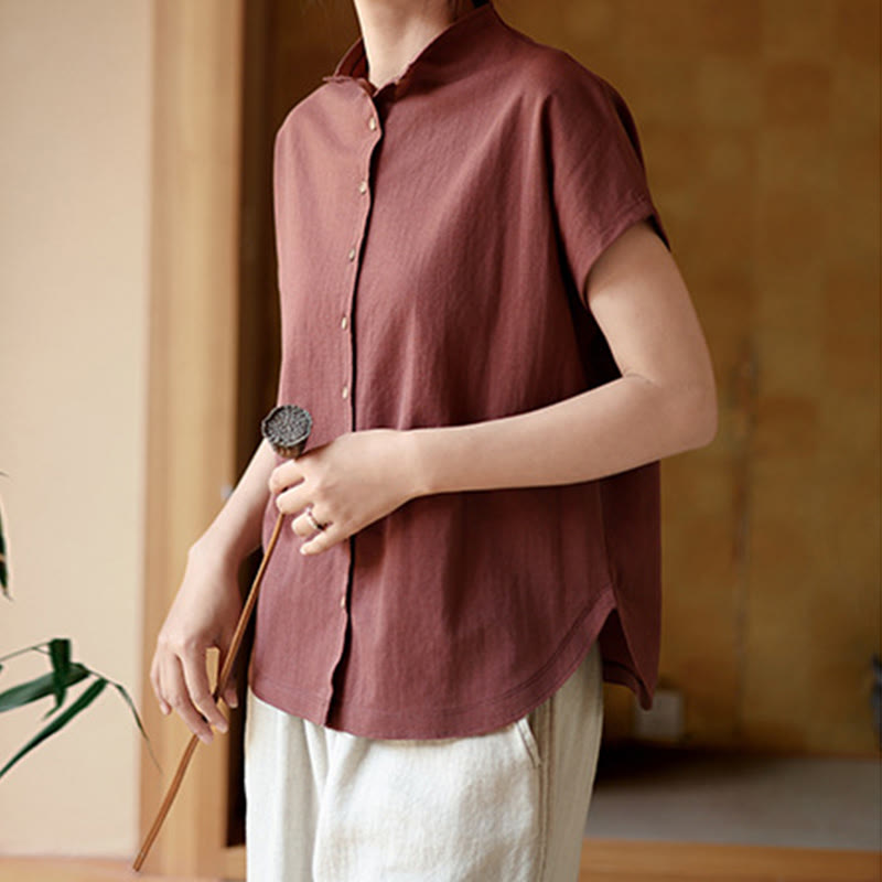 Buddha Stones Vintage Buttons Design Stand Collar Cotton Short Sleeve Women's Shirt - image 4