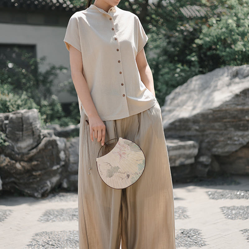 Buddha Stones Vintage Buttons Design Stand Collar Cotton Short Sleeve Women's Shirt - image 15