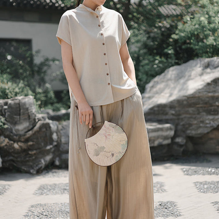 Buddha Stones Vintage Buttons Design Stand Collar Cotton Short Sleeve Women's Shirt - image 15