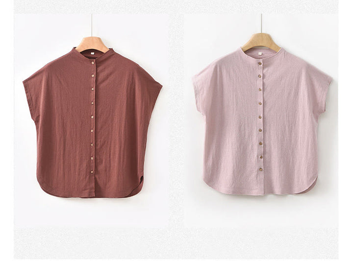 Buddha Stones Vintage Buttons Design Stand Collar Cotton Short Sleeve Women's Shirt - image 22