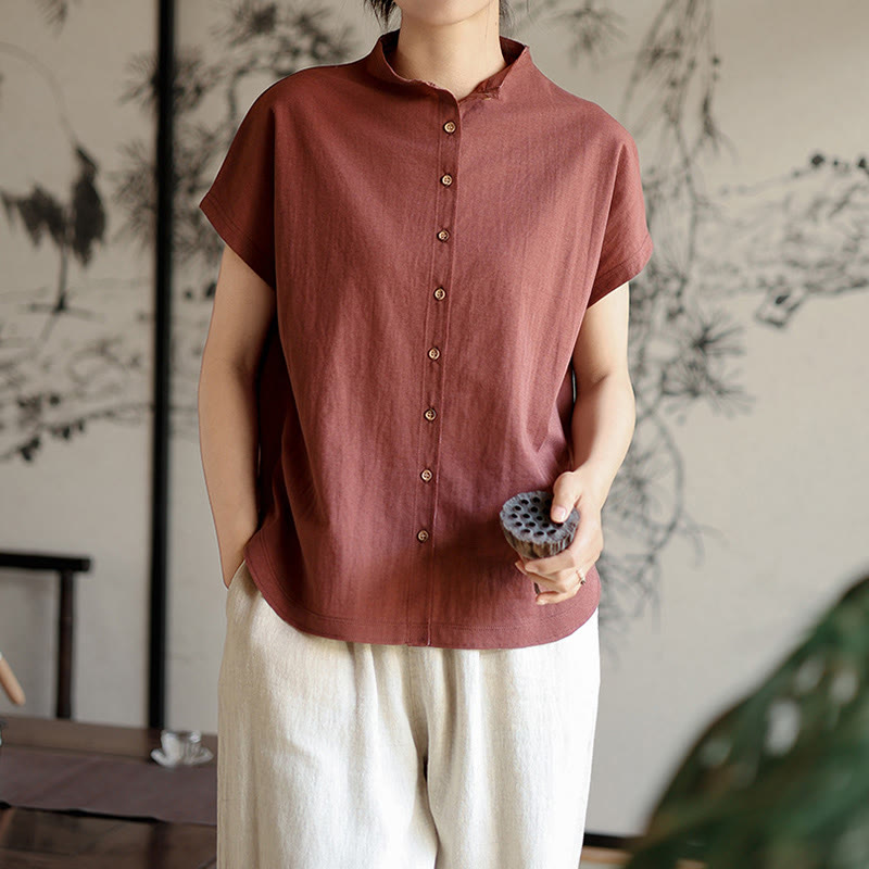Buddha Stones Vintage Buttons Design Stand Collar Cotton Short Sleeve Women's Shirt - image 2