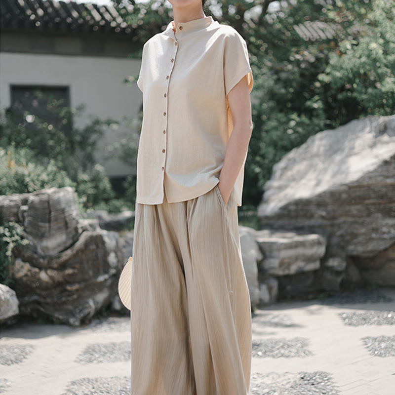 Buddha Stones Vintage Buttons Design Stand Collar Cotton Short Sleeve Women's Shirt - image 14