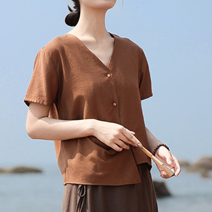 Buddha Stones Button Irregular Design V-Neck Cotton Linen Women's Short Sleeve Shirt - Chocolate - US8-10，UK/AU12-14，EU40-42 (2XL) - image 1