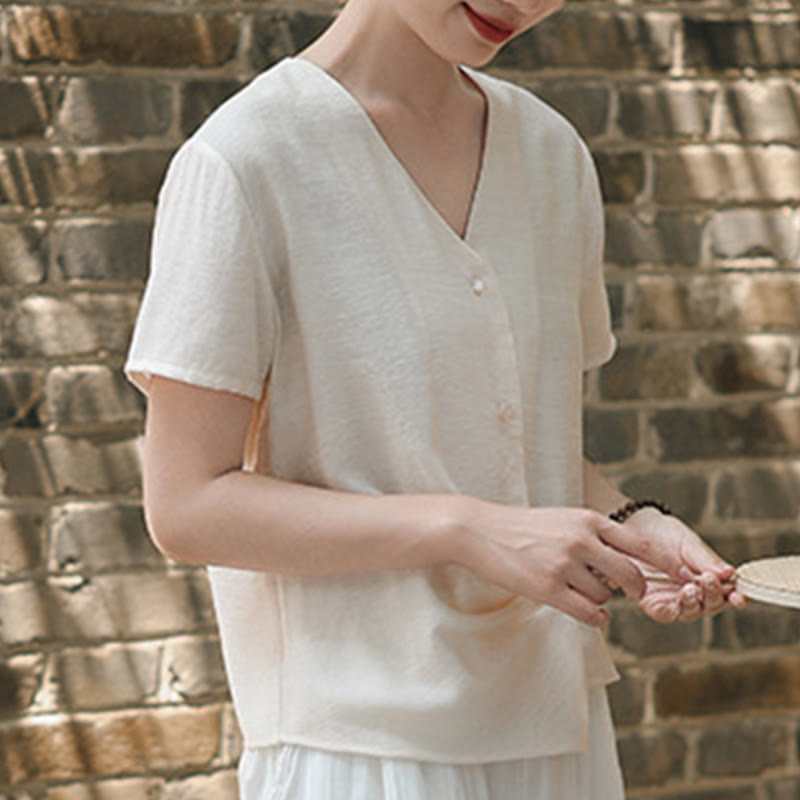 Buddha Stones Button Irregular Design V-Neck Cotton Linen Women's Short Sleeve Shirt - image 17