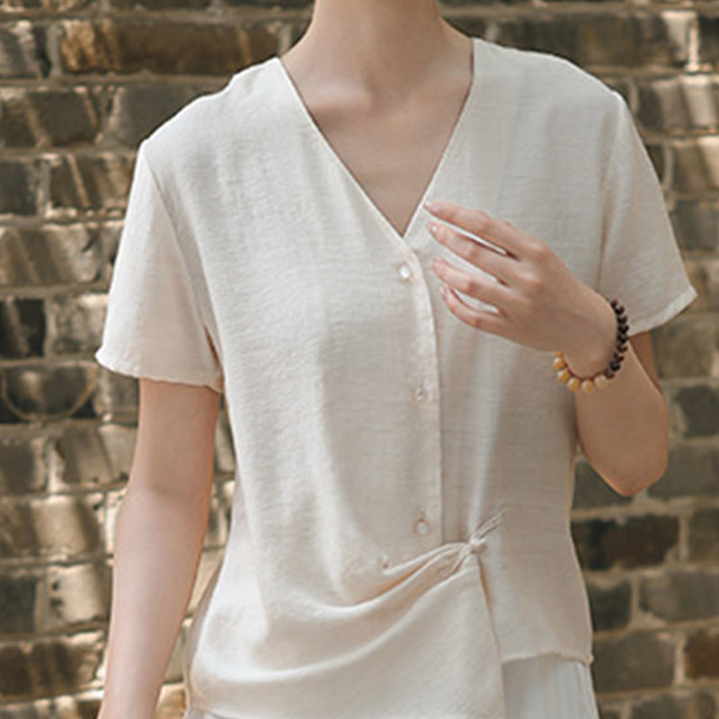 Buddha Stones Button Irregular Design V-Neck Cotton Linen Women's Short Sleeve Shirt - image 11