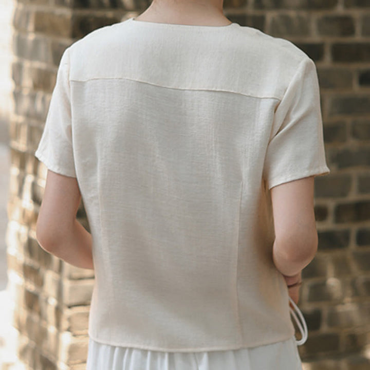 Buddha Stones Button Irregular Design V-Neck Cotton Linen Women's Short Sleeve Shirt - image 14