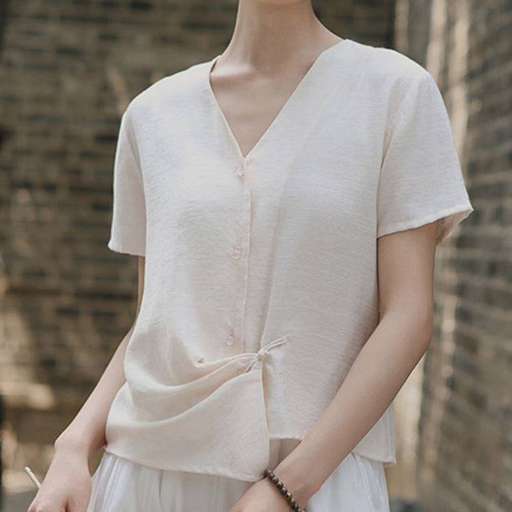 Buddha Stones Button Irregular Design V-Neck Cotton Linen Women's Short Sleeve Shirt - image 16