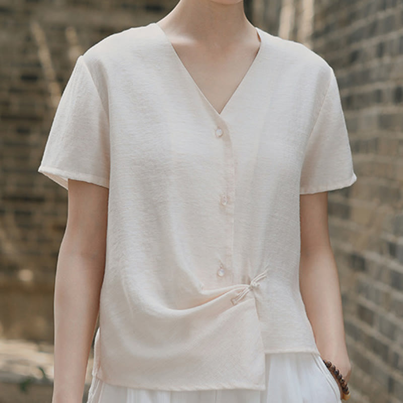 Buddha Stones Button Irregular Design V-Neck Cotton Linen Women's Short Sleeve Shirt - image 12