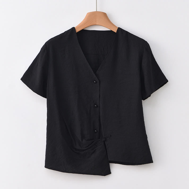 Buddha Stones Button Irregular Design V-Neck Cotton Linen Women's Short Sleeve Shirt - Black - US8-10，UK/AU12-14，EU40-42 (2XL) - image 19