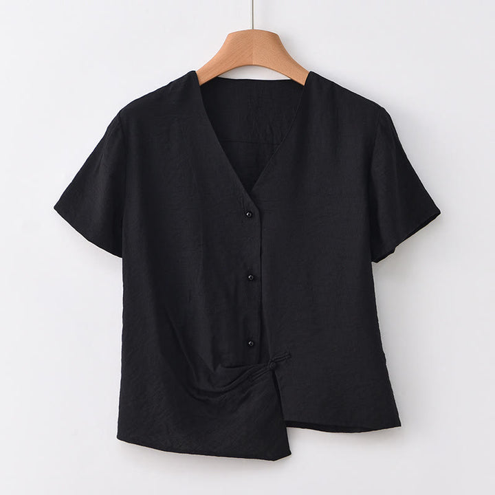 Buddha Stones Button Irregular Design V-Neck Cotton Linen Women's Short Sleeve Shirt - Black - US8-10，UK/AU12-14，EU40-42 (2XL) - image 19