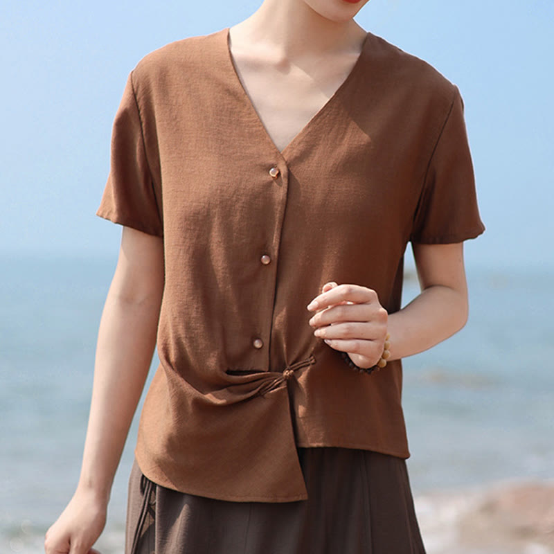 Buddha Stones Button Irregular Design V-Neck Cotton Linen Women's Short Sleeve Shirt - image 8