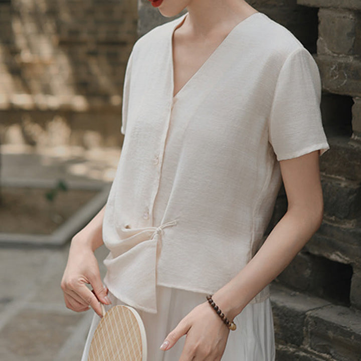 Buddha Stones Button Irregular Design V-Neck Cotton Linen Women's Short Sleeve Shirt - FloralWhite - US8-10，UK/AU12-14，EU40-42 (2XL) - image 10