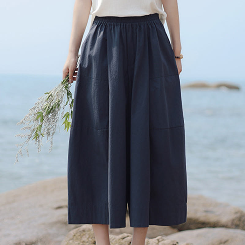 Buddha Stones Casual Plain Cotton High Waist Women's Wide Leg Capri Cropped Pants With Pockets - image 2