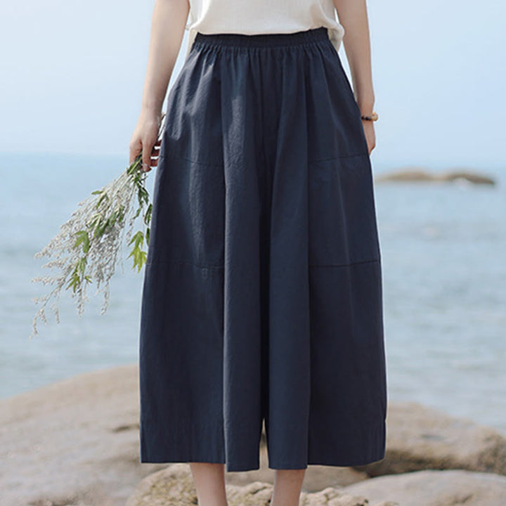 Buddha Stones Casual Plain Cotton High Waist Women's Wide Leg Capri Cropped Pants With Pockets - image 2