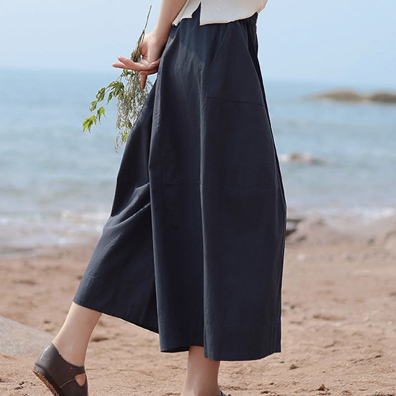 Buddha Stones Casual Plain Cotton High Waist Women's Wide Leg Capri Cropped Pants With Pockets - image 7