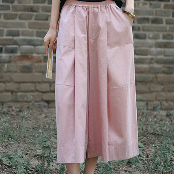 Buddha Stones Casual Plain Cotton High Waist Women's Wide Leg Capri Cropped Pants With Pockets - image 14