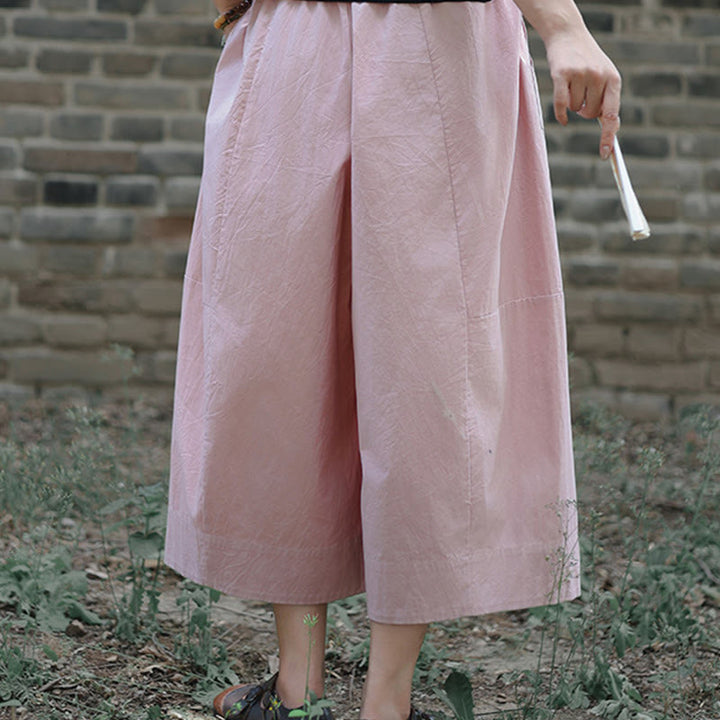 Buddha Stones Casual Plain Cotton High Waist Women's Wide Leg Capri Cropped Pants With Pockets - image 13