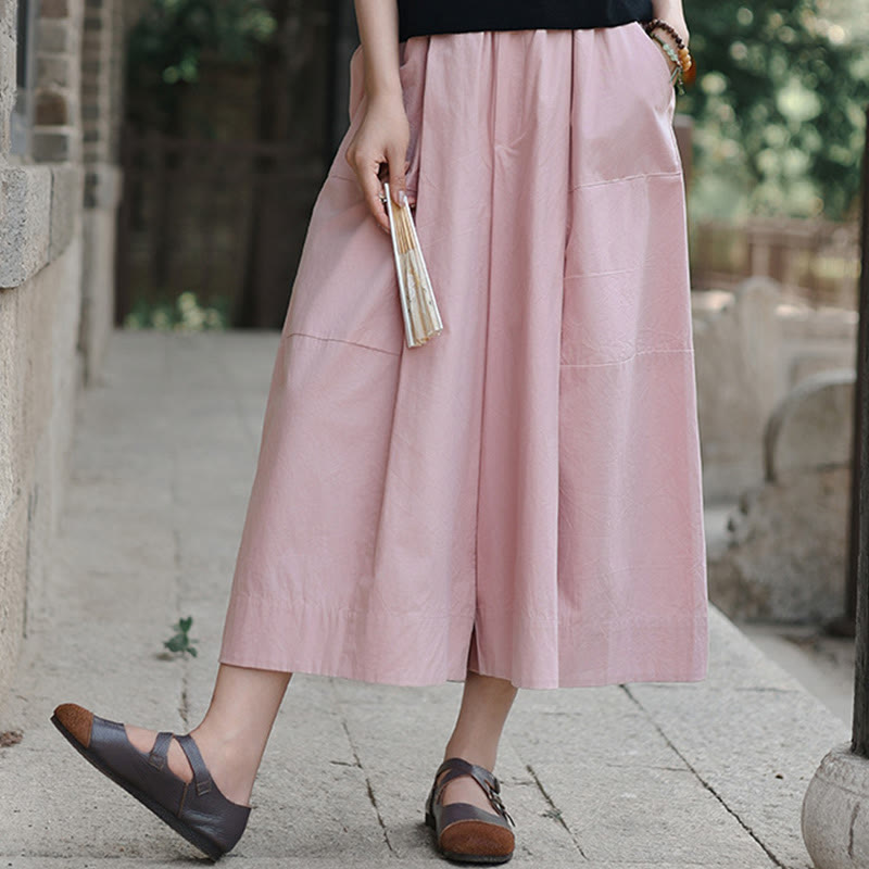 Buddha Stones Casual Plain Cotton High Waist Women's Wide Leg Capri Cropped Pants With Pockets - image 9