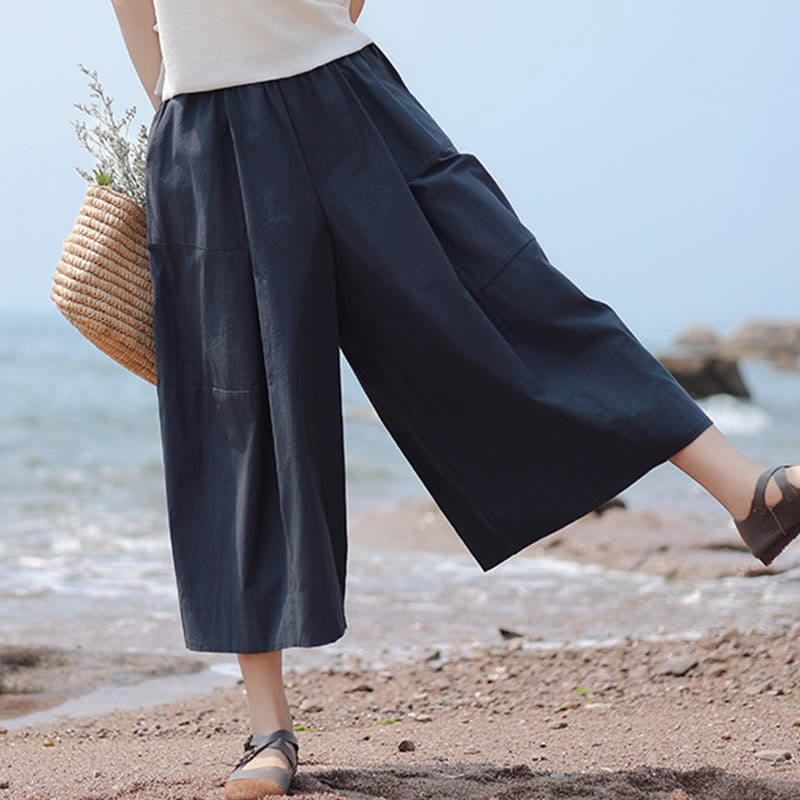 Buddha Stones Casual Plain Cotton High Waist Women's Wide Leg Capri Cropped Pants With Pockets - MidnightBlue - US8-10，UK/AU12-14，EU40-42 (2XL) - image 1