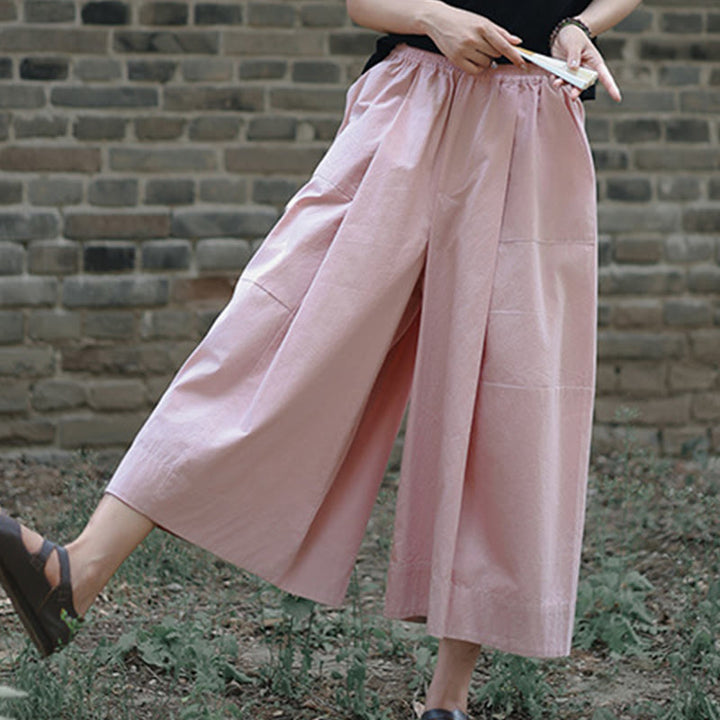 Buddha Stones Casual Plain Cotton High Waist Women's Wide Leg Capri Cropped Pants With Pockets - Pink - US8-10，UK/AU12-14，EU40-42 (2XL) - image 8