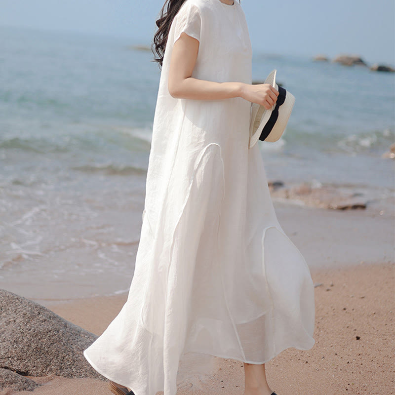 Buddha Stones Casual Plain Irregular Hem Short Sleeve Cotton Linen Maxi Dress - image 19