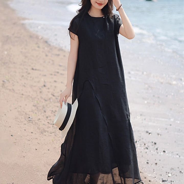 Buddha Stones Casual Plain Irregular Hem Short Sleeve Cotton Linen Maxi Dress - image 4
