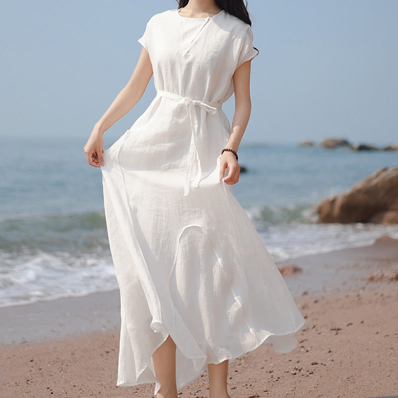 Buddha Stones Casual Plain Irregular Hem Short Sleeve Cotton Linen Maxi Dress - image 18