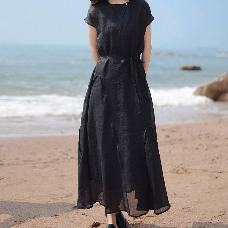 Buddha Stones Plain Irregular Hem Short Sleeve Cotton Linen Maxi Dress - Black - US8-10，UK/AU12-14，EU40-42 (2XL) - image 0