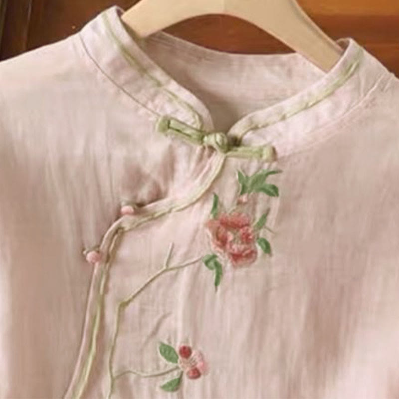 Buddha Stones Casual Vintage Embroidery Flower Pattern Chinese Frog-Button Crew Neck Design Women's Cotton Linen Shirt - image 9