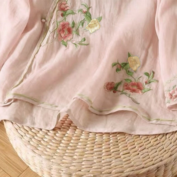 Buddha Stones Casual Vintage Embroidery Flower Pattern Chinese Frog-Button Crew Neck Design Women's Cotton Linen Shirt - image 9
