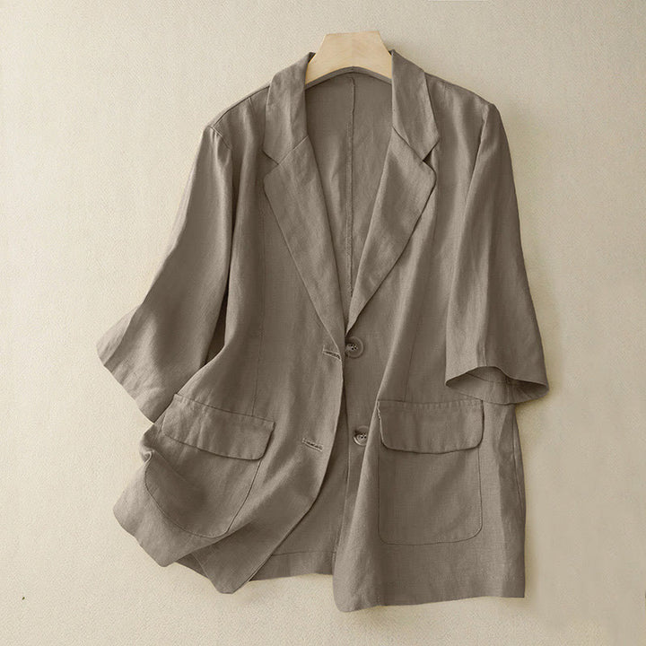 Buddha Stones Women's Three Quarter Sleeve Button Cotton Small Suit Jacket With Pockets - Tan - US8-10，UK/AU12-14，EU40-42 (2XL) - image 1