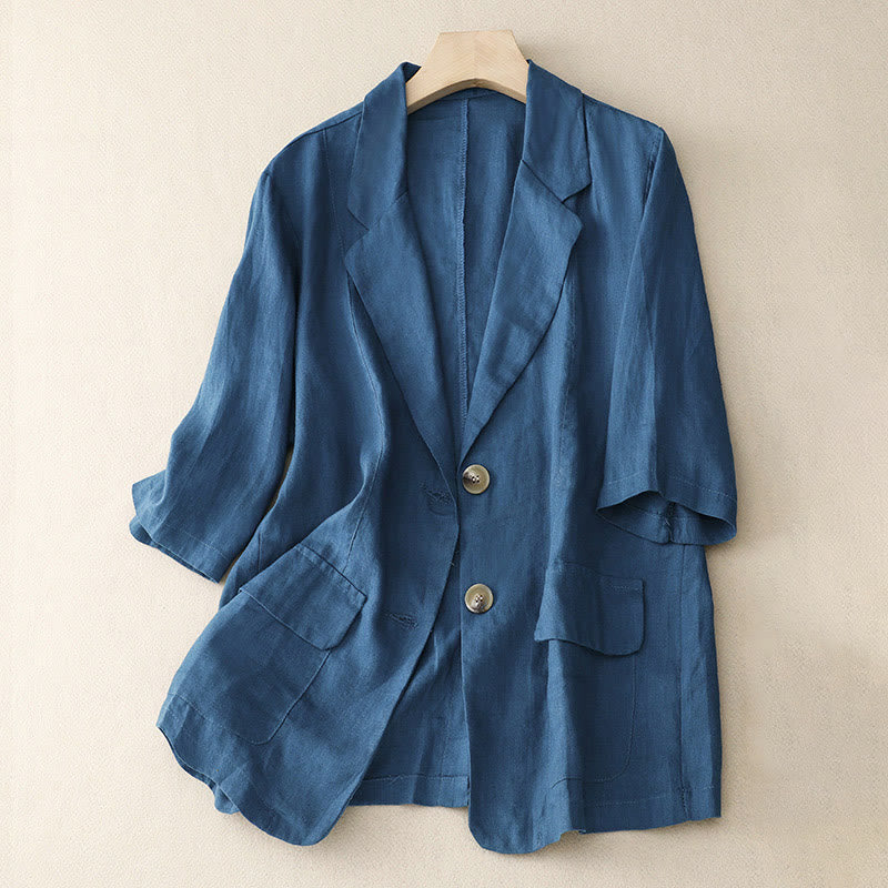 Buddha Stones Women's Three Quarter Sleeve Button Cotton Small Suit Jacket With Pockets - SteelBlue - US8-10，UK/AU12-14，EU40-42 (2XL) - image 13