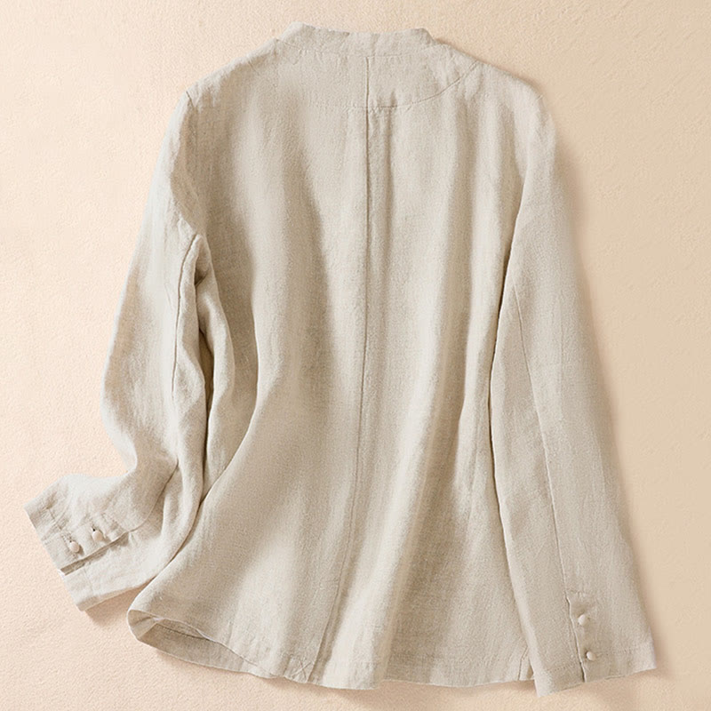Buddha Stones Women's Cotton Linen Stand Collar Long Sleeve Jacket With Pockets - image 1