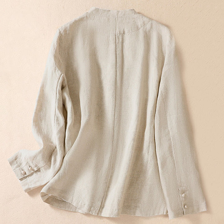 Buddha Stones Women's Cotton Linen Stand Collar Long Sleeve Shirt With Pockets - image 1