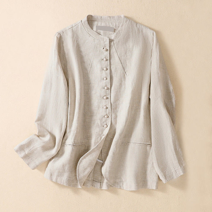 Buddha Stones Women's Cotton Linen Stand Collar Long Sleeve Jacket With Pockets - Beige - US8-10，UK/AU12-14，EU40-42 (2XL) - image 1