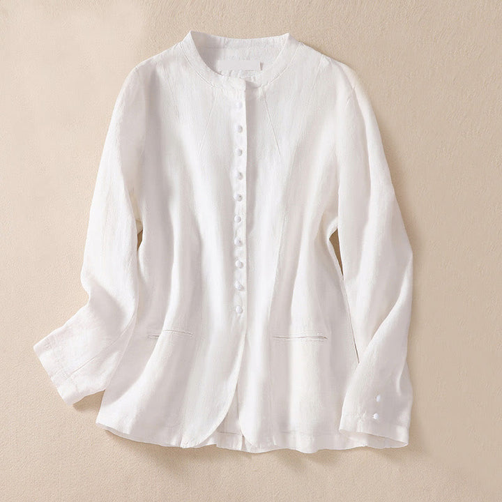 Buddha Stones Women's Cotton Linen Stand Collar Long Sleeve Shirt With Pockets - White - US8-10，UK/AU12-14，EU40-42 (2XL) - image 13