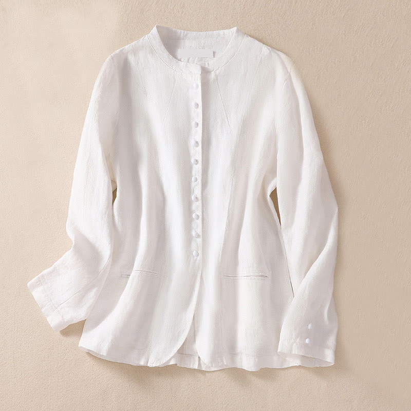 Buddha Stones Women's Cotton Linen Stand Collar Long Sleeve Jacket With Pockets - White - US8-10，UK/AU12-14，EU40-42 (2XL) - image 14