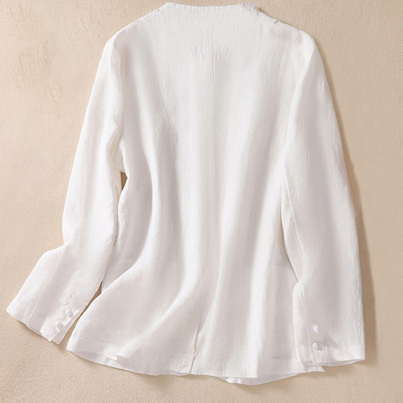 Buddha Stones Women's Cotton Linen Stand Collar Long Sleeve Shirt With Pockets - image 14